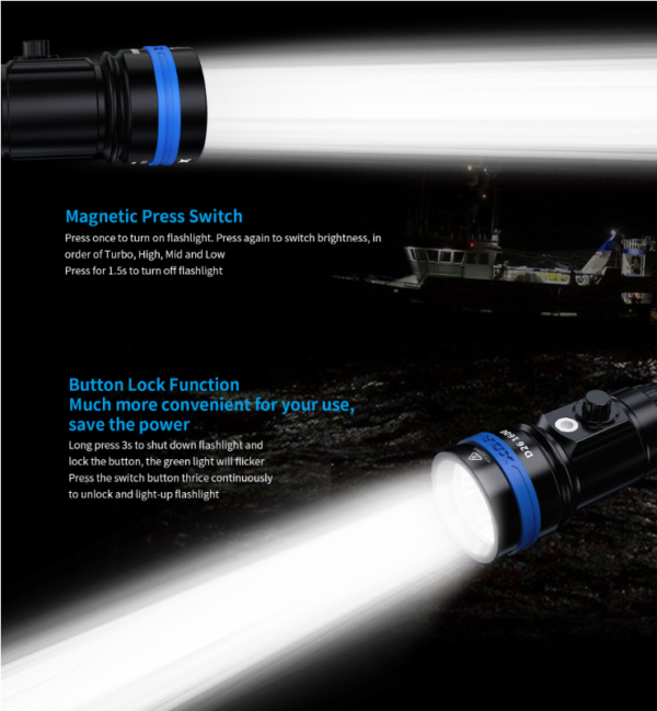 XTAR D26 1600 Lumen Scuba Diving Flashlight Dive Torch illuminates a 100-meter underwater deep sea cave. - Image 9