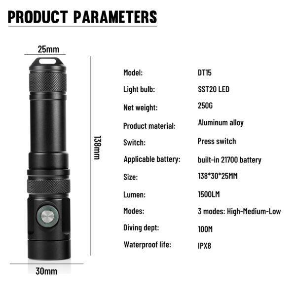 Majellan DT15 1500lm Diving Flashlight: The Perfect Companion for Underwater Exploration - Image 4